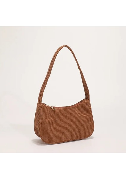 Kahverengi 2023 Moda Vintage Kadın Çanta Kadife Koltukaltı Çanta Rahat Kadın Omuz Çantaları Düz Renk Fermuar Kadın Çanta Debriyaj (Yurt Dışından)