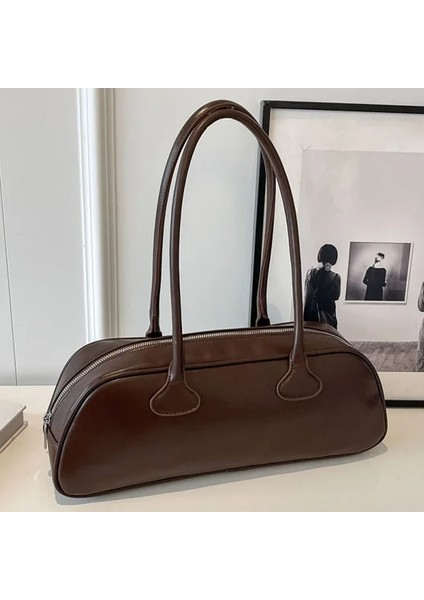 Kahve 39X16X10CM Kadın Basit Koltuk Altı Çanta Büyük Kapasiteli Pu Deri Trendy Alışveriş Çantası Düz Renk Şık Silindir Çanta Tek Omuz Çantası (Yurt Dışından)
