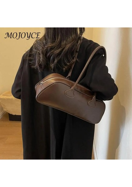 Kahve 39X16X10CM Kadın Basit Koltuk Altı Çanta Büyük Kapasiteli Pu Deri Trendy Alışveriş Çantası Düz Renk Şık Silindir Çanta Tek Omuz Çantası (Yurt Dışından)