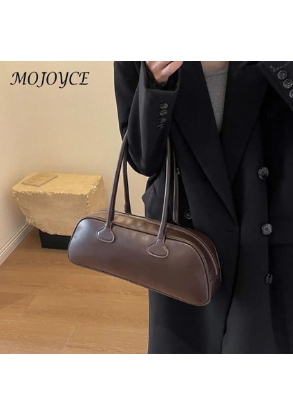 Kahve 39X16X10CM Kadın Basit Koltuk Altı Çanta Büyük Kapasiteli Pu Deri Trendy Alışveriş Çantası Düz Renk Şık Silindir Çanta Tek Omuz Çantası (Yurt Dışından)