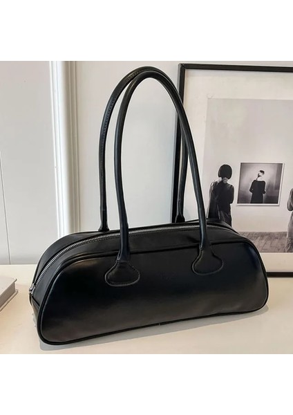 Siyah 39X16X10CM Kadın Basit Koltuk Altı Çanta Büyük Kapasiteli Pu Deri Trendy Alışveriş Çantası Düz Renk Şık Silindir Çanta Tek Omuz Çantası (Yurt Dışından)