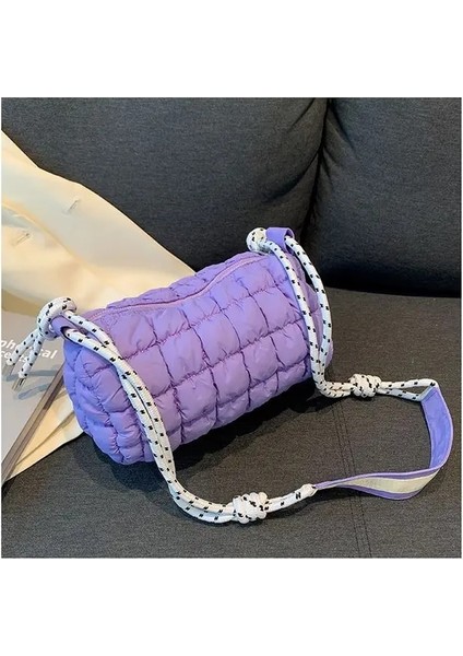 Mor Kore Moda Pileli Eşkenar Dörtgen Boston Çanta Basit Rahat Dokuma Ipli Kadın Çanta Yumuşak Kabarık Yastıklı Pamuk Omuz Çantası (Yurt Dışından)