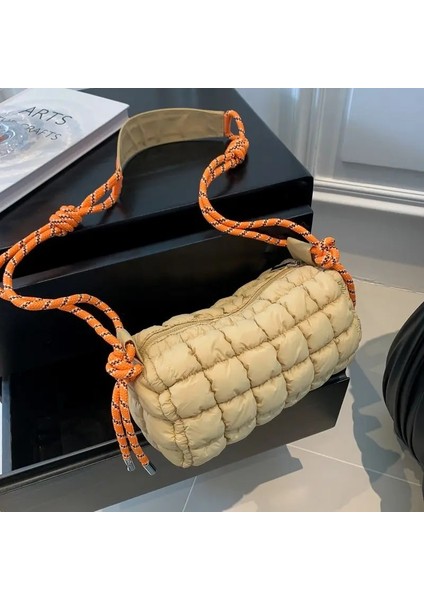 Mor Kore Moda Pileli Eşkenar Dörtgen Boston Çanta Basit Rahat Dokuma Ipli Kadın Çanta Yumuşak Kabarık Yastıklı Pamuk Omuz Çantası (Yurt Dışından) modelleri