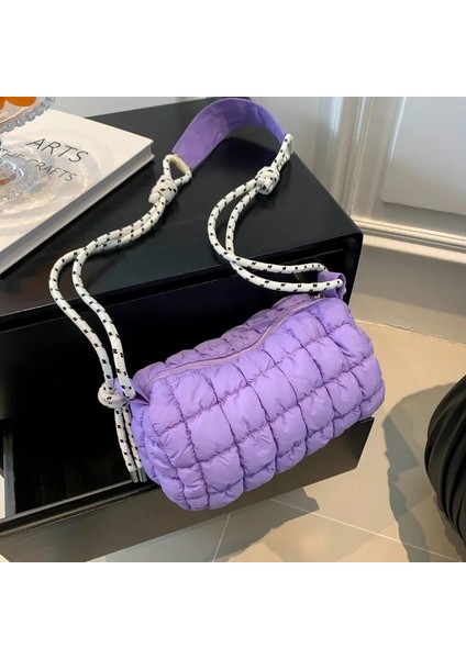 Mor Kore Moda Pileli Eşkenar Dörtgen Boston Çanta Basit Rahat Dokuma Ipli Kadın Çanta Yumuşak Kabarık Yastıklı Pamuk Omuz Çantası (Yurt Dışından) fırsatları