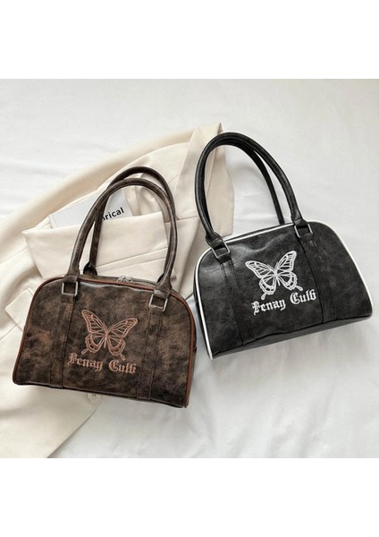 Kahverengi Kadın Deri Çanta Su Geçirmez Fermuar Omuz Çantası Işlemeli Kelebek Üst Kolu Çanta Satchel Hobo Çanta Kız Şık Çanta (Yurt Dışından)
