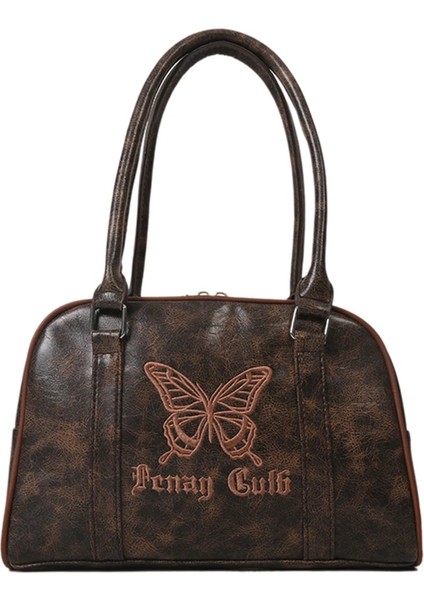 Kahverengi Kadın Deri Çanta Su Geçirmez Fermuar Omuz Çantası Işlemeli Kelebek Üst Kolu Çanta Satchel Hobo Çanta Kız Şık Çanta (Yurt Dışından)