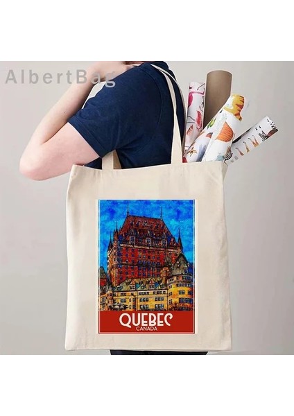Quebec Kanada 35 cm x 40 cm Londra Louvre Pisa Kiev Roma Santorini Atina Bali Berlin Boston Dubai Dublin Floransa Mürekkep Suluboya Resim Tote Çanta Hangbag (Yurt Dışından)