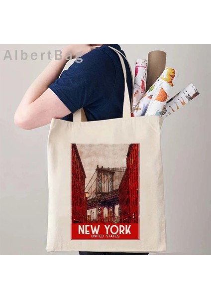 Quebec Kanada 35 cm x 40 cm Londra Louvre Pisa Kiev Roma Santorini Atina Bali Berlin Boston Dubai Dublin Floransa Mürekkep Suluboya Resim Tote Çanta Hangbag (Yurt Dışından) modelleri