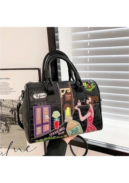 Siyah Avrupa ve Amerikan Işlemeli Üç Boyutlu Kadın Çantası Yeni Büyük Kapasiteli Omuz Çantası Boston Çanta Trendy Crossbody Çanta (Yurt Dışından)
