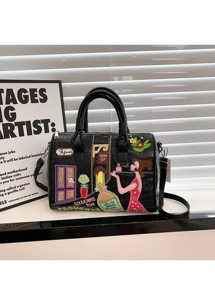 Siyah Avrupa ve Amerikan Işlemeli Üç Boyutlu Kadın Çantası Yeni Büyük Kapasiteli Omuz Çantası Boston Çanta Trendy Crossbody Çanta (Yurt Dışından) indirimleri