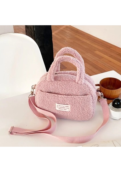 Açık Pembe Kadın Omuzdan Askili Çanta Fermuarlı Kürklü Tek Kollu Çanta Yumuşak Kabarık Satchel Çanta Düz Renk Kadın Kış Günlük Çanta (Yurt Dışından)