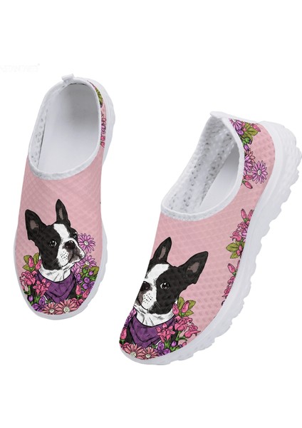 BAA237AA 44 Instantarts Güzel Boston Terrier Tasarım Çiçek Baskı Yaz Açık Hava Nefes Alabilen Örgü Ayakkabı Salya Çantalı Yumuşak Slip On Ayakkabı (Yurt Dışından)