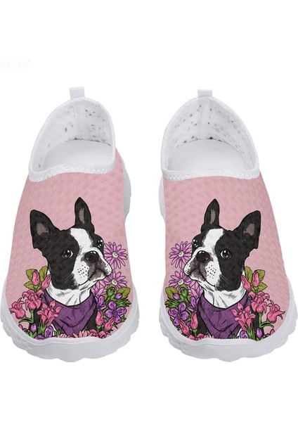 SPF1565AA 39 Instantarts Güzel Boston Terrier Tasarım Çiçek Baskı Yaz Açık Hava Nefes Alabilen Örgü Ayakkabı Salya Çantalı Yumuşak Slip On Ayakkabı (Yurt Dışından)