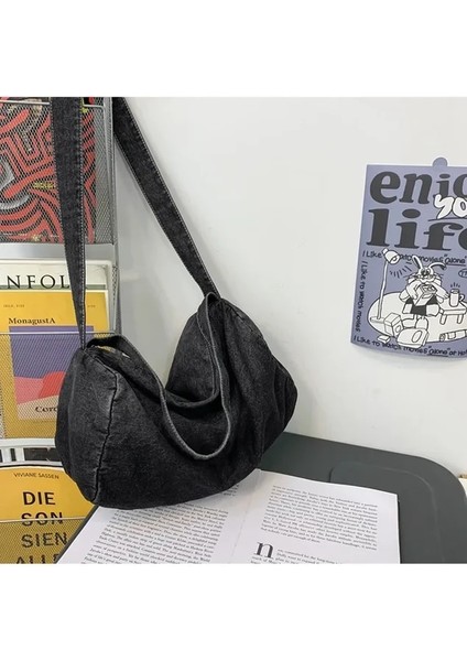 Siyah Kadın Degrade Renk Denim Hobo Hımbıl Omuz Çantası Y2K Grunge Rahat Sokak Büyük Kapasiteli Kot Kumaş Boston Yan Tek Kollu Çanta (Yurt Dışından)