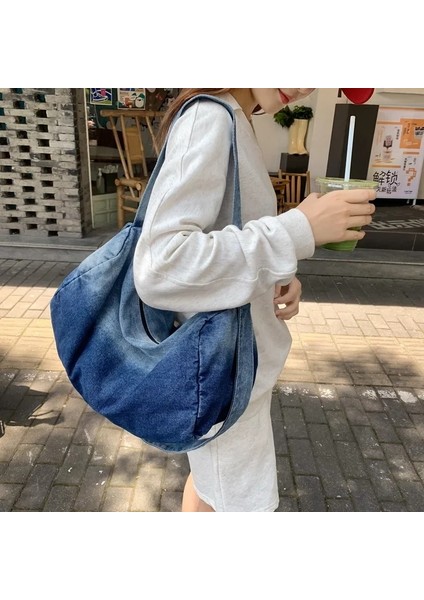 Siyah Kadın Degrade Renk Denim Hobo Hımbıl Omuz Çantası Y2K Grunge Rahat Sokak Büyük Kapasiteli Kot Kumaş Boston Yan Tek Kollu Çanta (Yurt Dışından) fiyatları