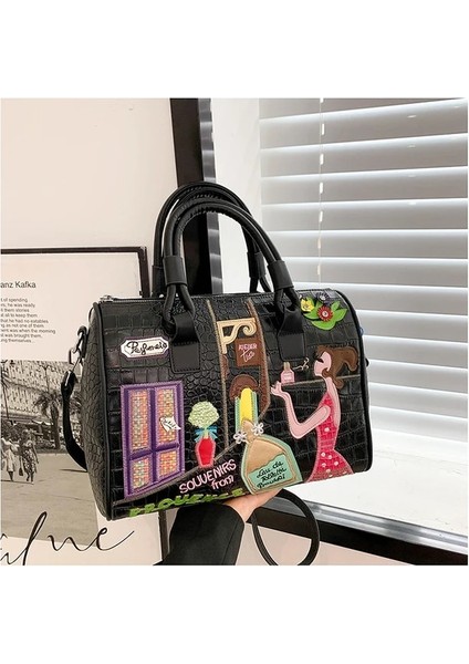 Siyah Avrupa ve Amerikan Işlemeli Üç Boyutlu Kadın Çantası Yeni Büyük Kapasiteli Omuz Çantası Boston Çanta Trendy Crossbody Çanta (Yurt Dışından)