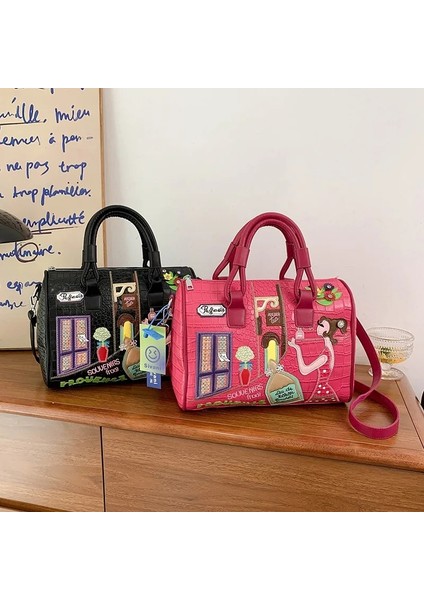 Siyah Avrupa ve Amerikan Işlemeli Üç Boyutlu Kadın Çantası Yeni Büyük Kapasiteli Omuz Çantası Boston Çanta Trendy Crossbody Çanta (Yurt Dışından) modelleri