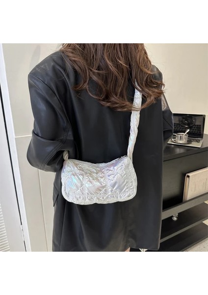 Beyaz Kapitone Nakış Ipliği Crossbody Çanta Bulut Pilili Kadın Omuz Çantası Renkli Ipli Bayan Çanta Aşağı Basit Satchel (Yurt Dışından)