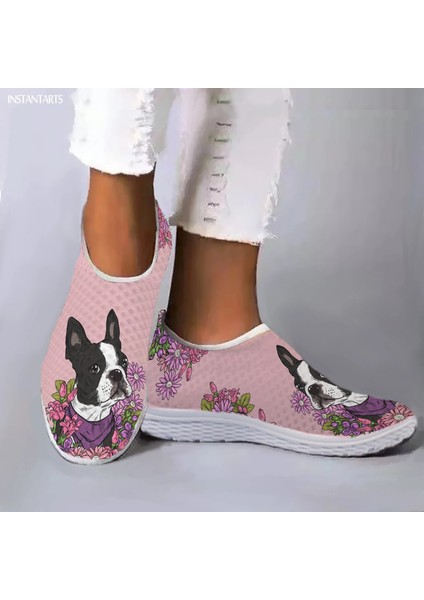1627981AA 41 Instantarts Güzel Boston Terrier Tasarım Çiçek Baskı Yaz Açık Hava Nefes Alabilen Örgü Ayakkabı Salya Çantalı Yumuşak Slip On Ayakkabı (Yurt Dışından)