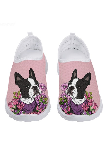 1627981AA 41 Instantarts Güzel Boston Terrier Tasarım Çiçek Baskı Yaz Açık Hava Nefes Alabilen Örgü Ayakkabı Salya Çantalı Yumuşak Slip On Ayakkabı (Yurt Dışından)