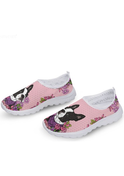 1627981AA 41 Instantarts Güzel Boston Terrier Tasarım Çiçek Baskı Yaz Açık Hava Nefes Alabilen Örgü Ayakkabı Salya Çantalı Yumuşak Slip On Ayakkabı (Yurt Dışından)