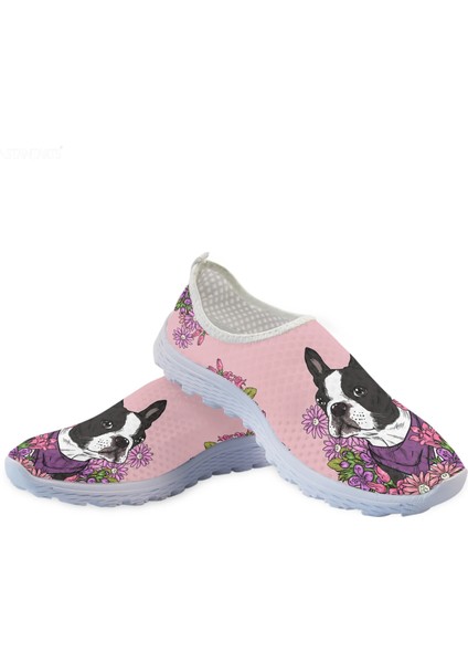 1627981AA 41 Instantarts Güzel Boston Terrier Tasarım Çiçek Baskı Yaz Açık Hava Nefes Alabilen Örgü Ayakkabı Salya Çantalı Yumuşak Slip On Ayakkabı (Yurt Dışından)