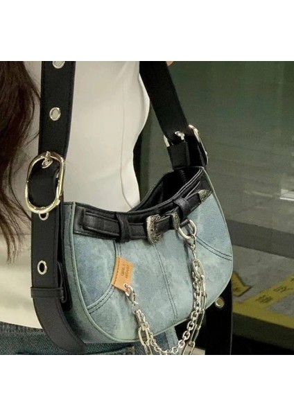 Mavi Retro Amerikan Moda Yüksek Kapasiteli Çanta Denim Kumaş Kadın Çanta Çanta Cep Büyük Kapasiteli Boston Crossbody Çanta (Yurt Dışından) fiyatları