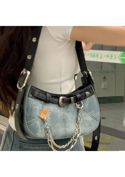 Mavi Retro Amerikan Moda Yüksek Kapasiteli Çanta Denim Kumaş Kadın Çanta Çanta Cep Büyük Kapasiteli Boston Crossbody Çanta (Yurt Dışından) modelleri