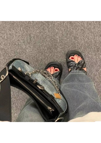 Mavi Retro Amerikan Moda Yüksek Kapasiteli Çanta Denim Kumaş Kadın Çanta Çanta Cep Büyük Kapasiteli Boston Crossbody Çanta (Yurt Dışından) fırsatları