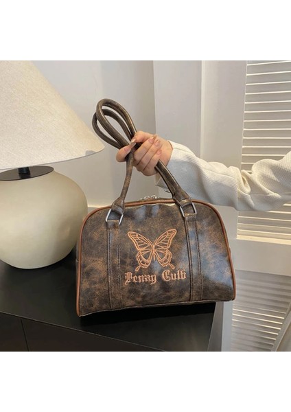Siyah Kadın Beyzbol Çantası Hafif Fermuarlı Omuz Çantası Işlemeli Kelebek Üst Kolu Çanta Satchel Hobo Çanta Kız Şık Çanta (Yurt Dışından)