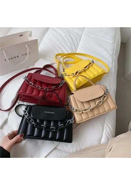 Sarı 22X15X8 cm Yeni Moda Doku Kalın Zincir Omuz Çantası Mini Hafif Crossbody Çanta Kişilik Seyahat Çok Renkli Omuz Çantası Kadın (Yurt Dışından) fiyatları
