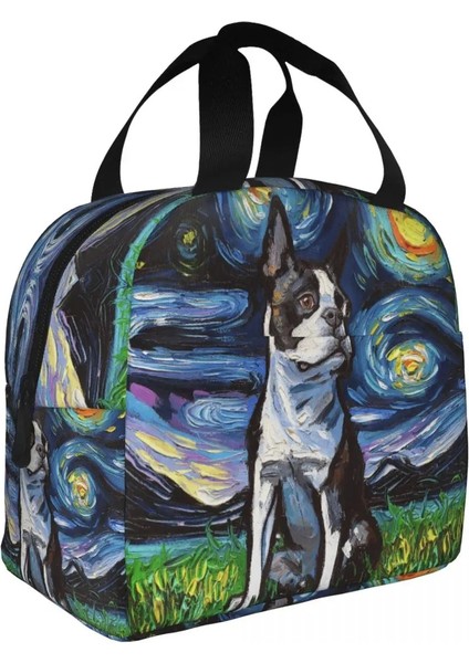 JYJCB-7638 22X20X13 cm Yıldızlı Gece Boston Terrier Köpek Yalıtımlı Öğle Yemeği Çantası Su Geçirmez Termal Soğutucu Öğle Yemeği Kutusu Kadınlar Çocuklar Için Okul Piknik Gıda Tote (Yurt Dışından) modelleri