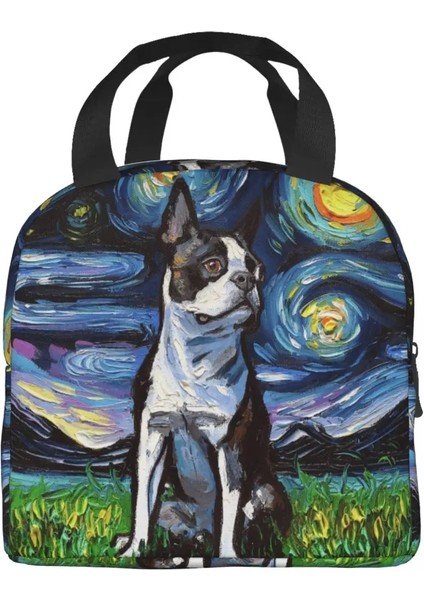 JYJCB-7638 22X20X13 cm Yıldızlı Gece Boston Terrier Köpek Yalıtımlı Öğle Yemeği Çantası Su Geçirmez Termal Soğutucu Öğle Yemeği Kutusu Kadınlar Çocuklar Için Okul Piknik Gıda Tote (Yurt Dışından) fırsatları