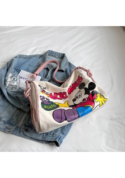 Kötü Kalite3 Disney Mickey Mouse Kanvas Omuz Askılı Çanta Kadın 2023 Büyük Kapasiteli Moda Çapraz Vücut Çanta Kısa Seyahat Boston Çanta (Yurt Dışından)