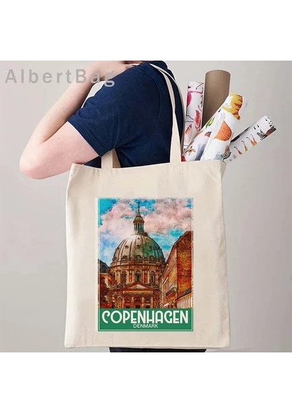 Kopenhag 35 cm x 40 cm Londra Louvre Pisa Kiev Roma Santorini Atina Bali Berlin Boston Dubai Dublin Floransa Mürekkep Suluboya Resim Totes Çanta Hangbag (Yurt Dışından)