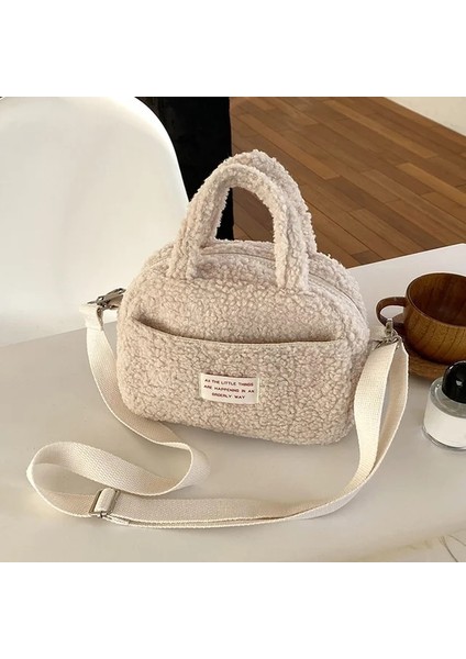 Bej Kadın Tote Çanta Fermuarlı Üst Kolu Çanta Yumuşak Kabarık Satchel Çanta Düz Renk Kadın Kış Günlük Çanta (Yurt Dışından)
