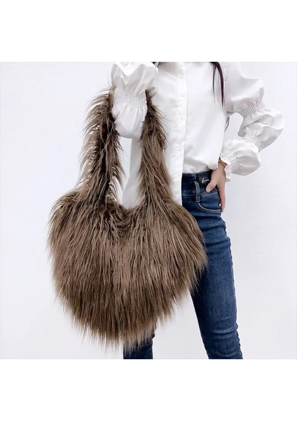 Kahverengi Şeftali Kalp Çanta Kadın Plaj Yün Kürk Kalp Şeklinde Sevimli Crossbody Omuz Çantası (Yurt Dışından)