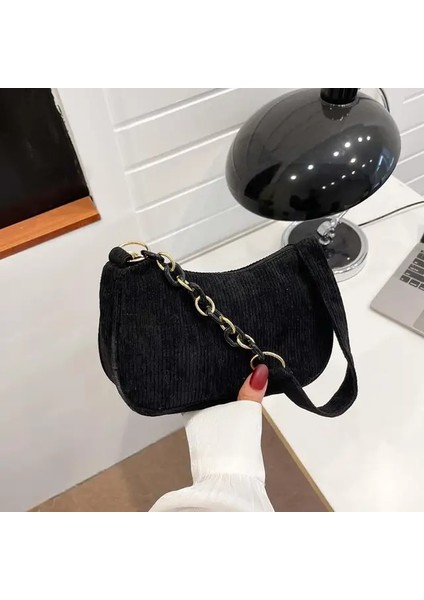 Siyah Moda Bağbozumu Kadın Çanta Kadife Koltukaltı Çanta Rahat Kadın Omuz Çantaları Düz Renk Fermuar Kadın Çanta Debriyaj (Yurt Dışından)