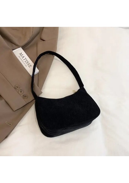 Siyah 2023 Moda Vintage Kadın Çanta Kadife Koltukaltı Çanta Rahat Kadın Omuz Çantaları Düz Renk Fermuar Kadın Çanta Debriyaj (Yurt Dışından)