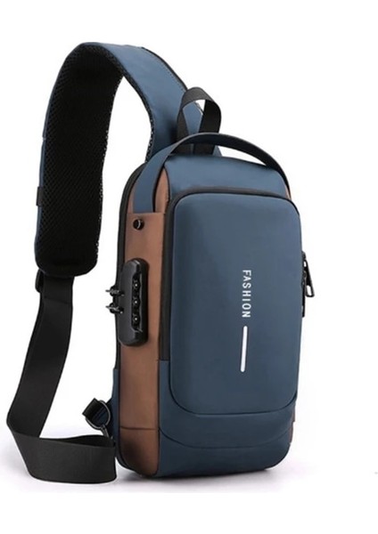 Mavi Göğüs Çanta USB Şarj Portu ile Şifreli Kilit Yansıtıcı Şerit Crossbody Çanta Omuz Çantası Sling Çanta Erkekler Için (Yurt Dışından)