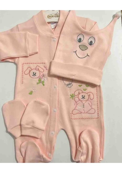 Pembe Ayıcık Nakışlı 3lü Çıtçıtlı Patikli Tulum Set