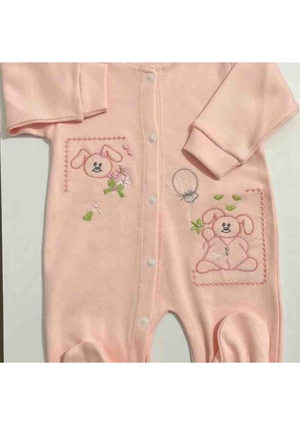 Pembe Ayıcık Nakışlı 3lü Çıtçıtlı Patikli Tulum Set