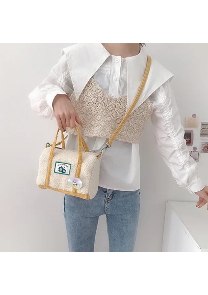 Çiçekler Broşlu Peluş Kadife Kadife Kadın Küçük Boston Çantaları Sevimli Messenger Çanta Tatlı Omuz Çantaları Güzel Kızlar Için Küçük Günlük Çanta Tote (Yurt Dışından)