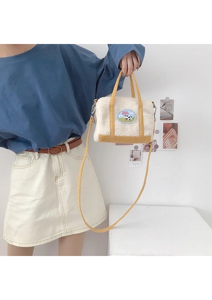Çiçekler Broşlu Peluş Kadife Kadife Kadın Küçük Boston Çantaları Sevimli Messenger Çanta Tatlı Omuz Çantaları Güzel Kızlar Için Küçük Günlük Çanta Tote (Yurt Dışından) fırsatları