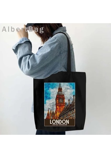 B Londra Ingiltere 35 cm x 40 cm Londra Louvre Pisa Kiev Roma Santorini Atina Bali Berlin Boston Dubai Dublin Floransa Mürekkep Suluboya Resim Tote Çanta Hangbag (Yurt Dışından)