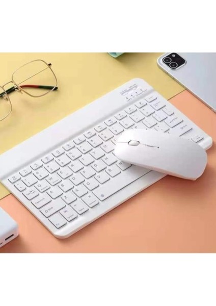 Samsung Galaxy Tab A6 T280 T280Q 7" Uyumlu Kablosuz Bluetooth Şarjlı Mini Q Klavye Mouse Set - Beyaz