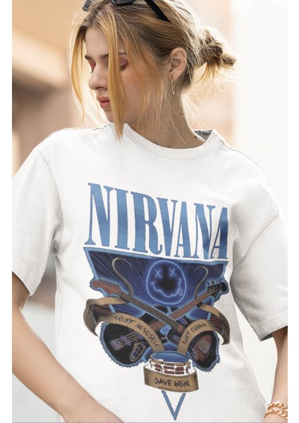 Unisex Oversize Nirvana Baskılı Tişört, Rock Metal Temalı T-Shirt
