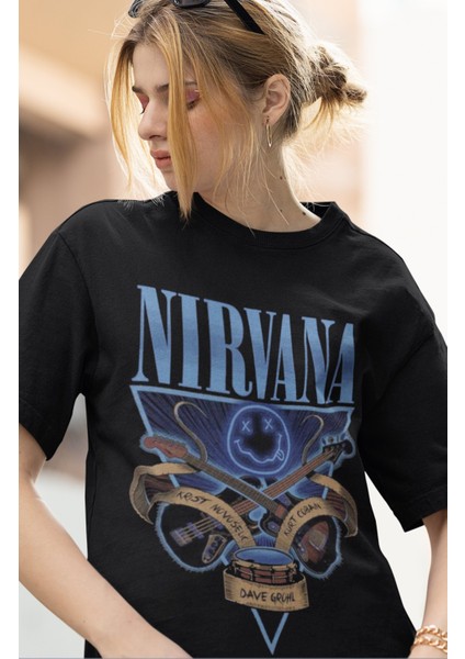 Unisex Oversize Nirvana Baskılı Tişört, Rock Metal Temalı T-Shirt
