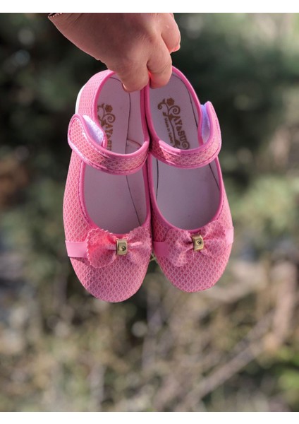 Kız Çocuk Cırt Cırtlı Pembe Babet , Fiyonk Detaylı Babet,kaydırmaz Taban Babet