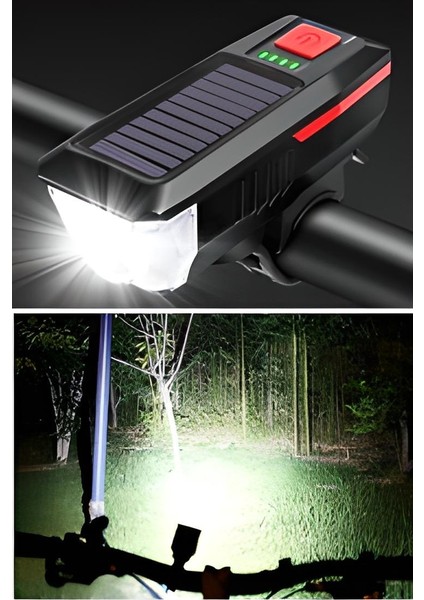 Solar Enerjili USB ile Şarj Edilebilir Ledli Bisiklet Feneri Kornalı ve Su Geçirmez Far